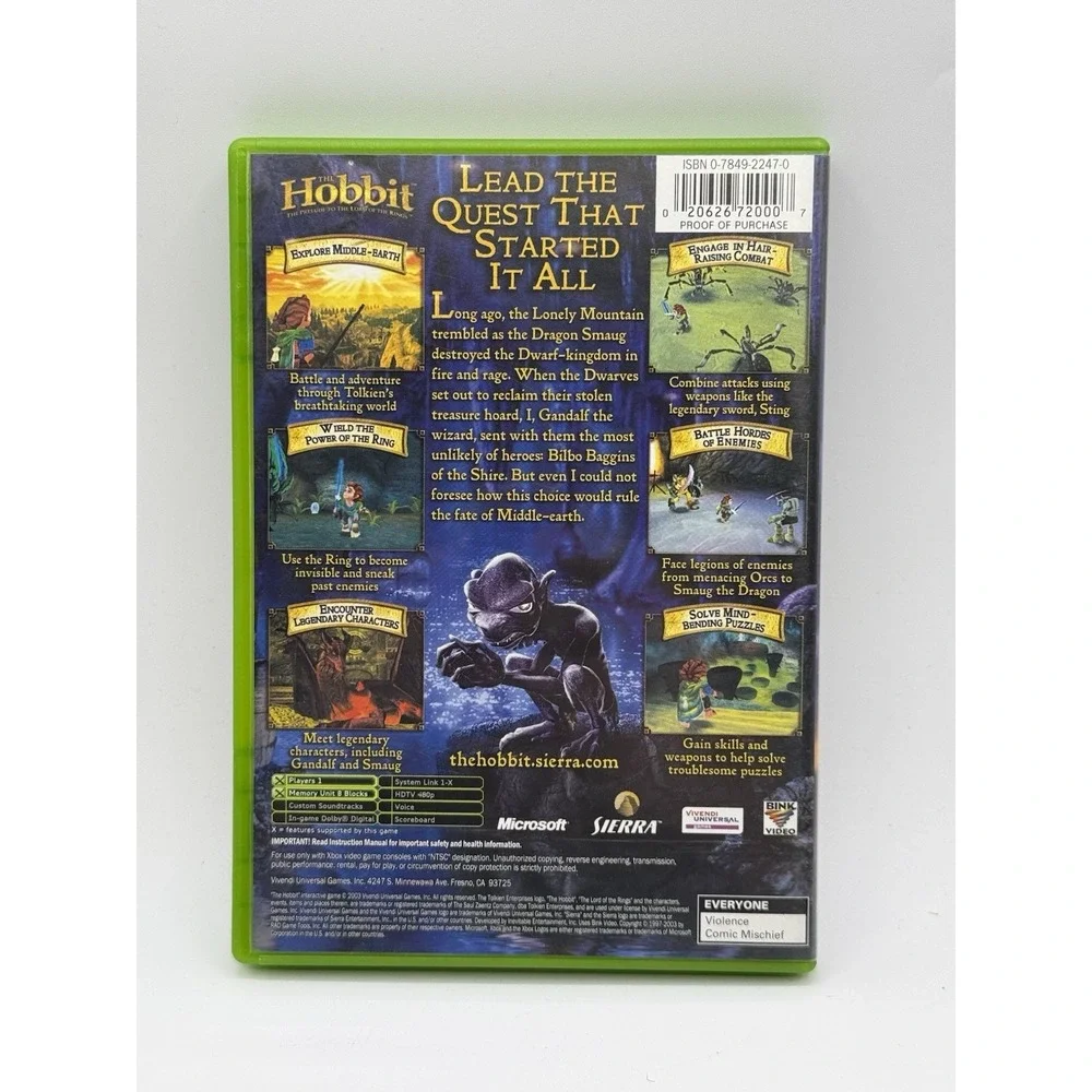 Hobbit (Microsoft Xbox, 2003) Case,‎ Game, Manual, No Trading Card Fast Shipping